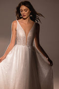 Radiant A-Line Wedding Dress with V-Neckline and Shimmering Fabric