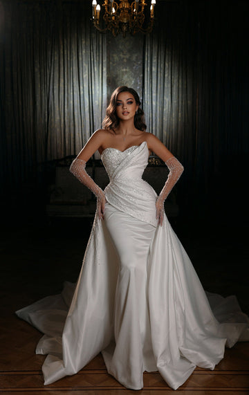 Sparkly Pailletten Luxus Hochzeitskleid für Frauen trägerlose Perlen Satin-Meerjungfrau mit abnehmbarem Zug Custom bodenlange Brautkleid