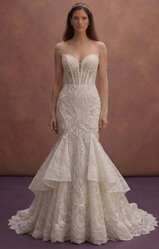 Moonlight Ivory Mermaid Wedding Dress with Illusion Sleeves
