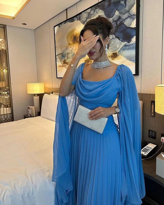 Elegant Blue Arabia Chiffon Prom Dresses Scoop Long Cape Sleeves Pleated Party Growns فساتين للحفلات الراقصة