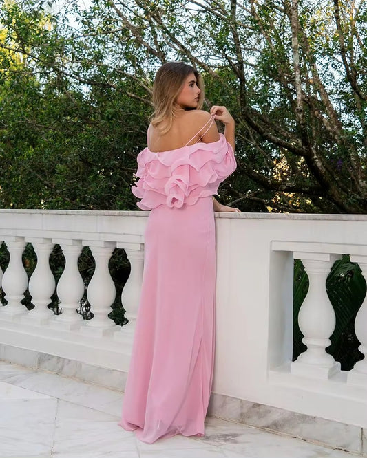 Pink Chiffon Prom Dresses Spaghetti strap Wedding Banquet Party Dress Pleated Women Evening Gown Dress