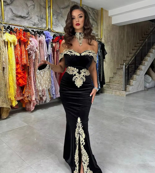 Elegante caftán de sirena negro, vestido de noche con hombros descubiertos, Apliques de encaje, vestido de fiesta hasta el suelo, traje argelino