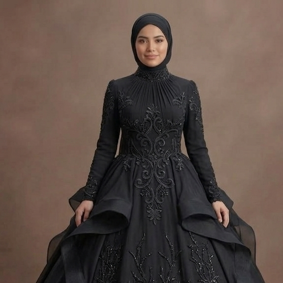 Muslim Prom Dress Black Chiffon High Neck Elegant Prom