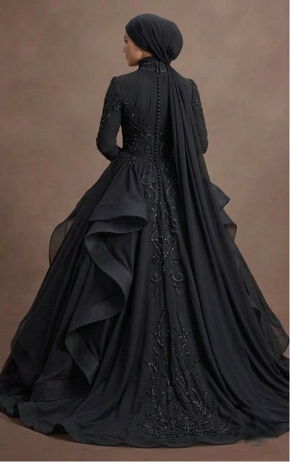 Muslim Prom Dress Black Chiffon High Neck Elegant Prom