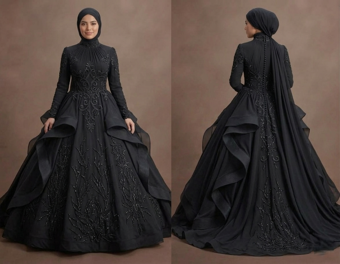 Muslim Prom Dress Black Chiffon High Neck Elegant Prom