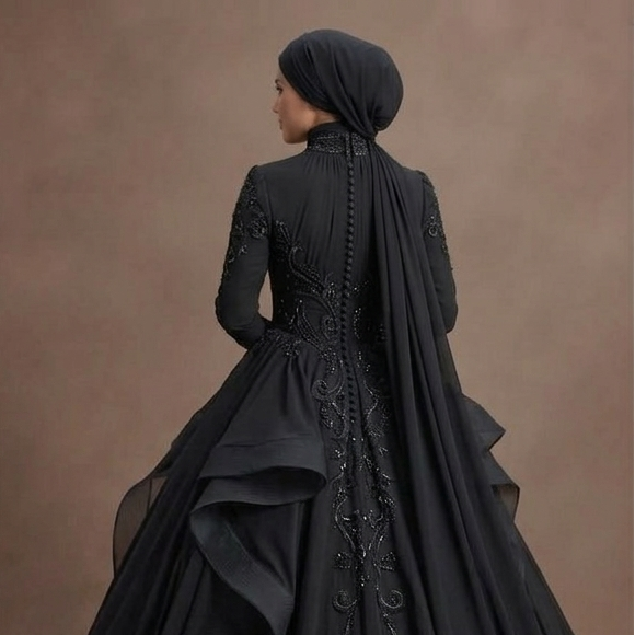 Muslim Prom Dress Black Chiffon High Neck Elegant Prom
