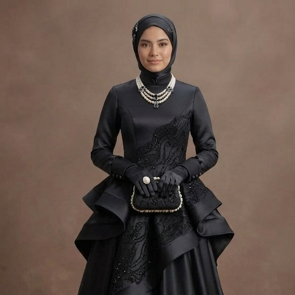 Muslim Prom Dress Black Satin Full Coverage Modest Prom