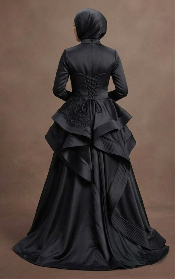 Muslim Prom Dress Black Satin Full Coverage Modest Prom