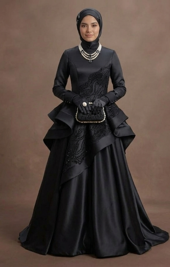 Muslim Prom Dress Black Satin Full Coverage Modest Prom