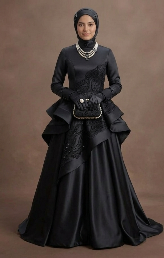 Muslim Prom Dress Black Satin Full Coverage Modest Prom