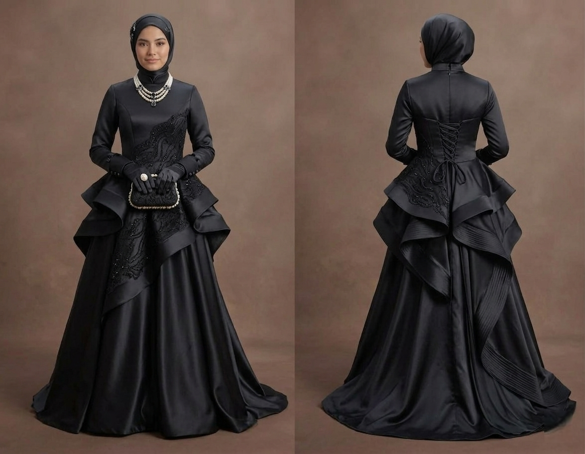 Muslim Prom Dress Black Satin Full Coverage Modest Prom
