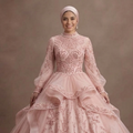 Muslim Prom Dress Blush Pink Tulle Long Sleeve Princess Prom