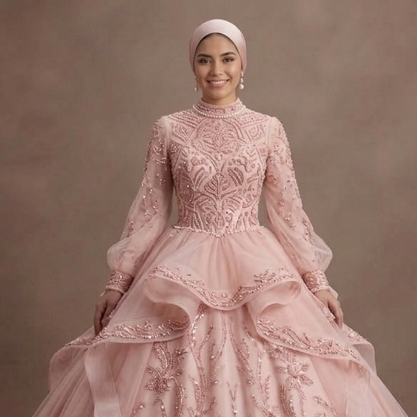 Muslim Prom Dress Blush Pink Tulle Long Sleeve Princess Prom