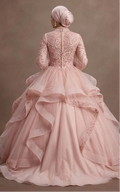 Muslim Prom Dress Blush Pink Tulle Long Sleeve Princess Prom