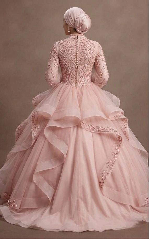 Muslim Prom Dress Blush Pink Tulle Long Sleeve Princess Prom