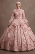 Muslim Prom Dress Blush Pink Tulle Long Sleeve Princess Prom