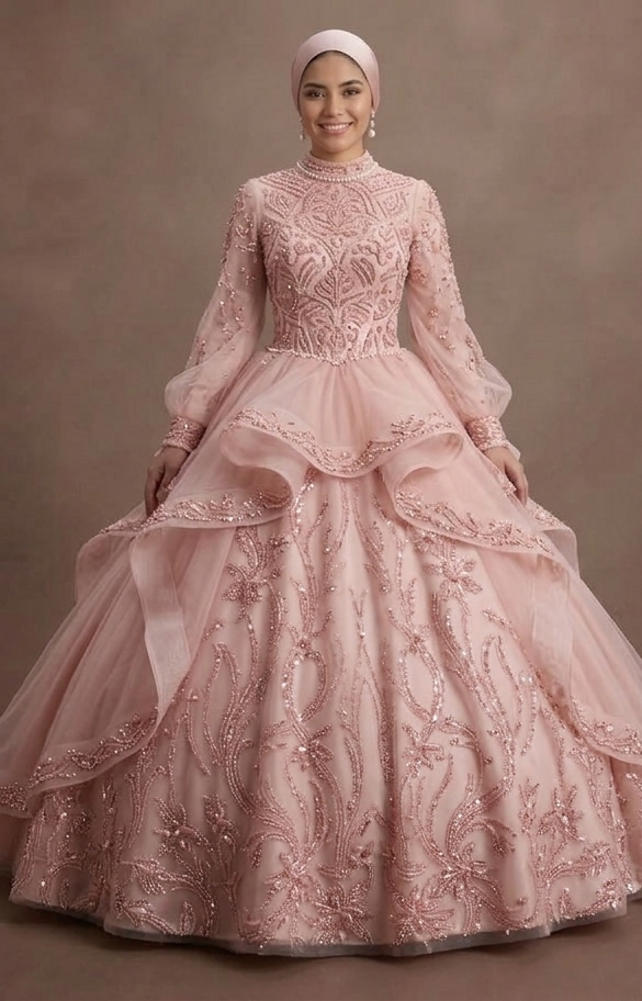 Muslim Prom Dress Blush Pink Tulle Long Sleeve Princess Prom