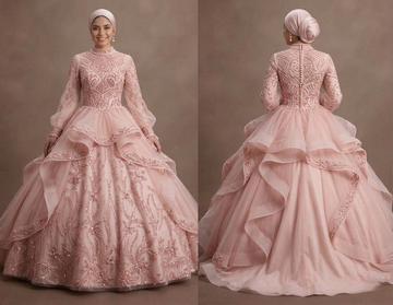 Muslim Prom Dress Blush Pink Tulle Long Sleeve Princess Prom