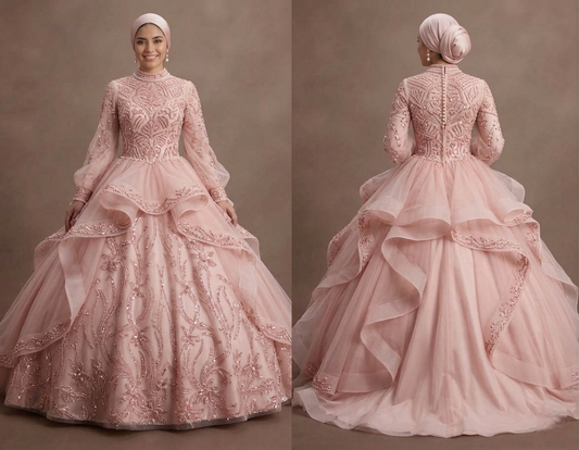 Muslim Prom Dress Blush Pink Tulle Long Sleeve Princess Prom