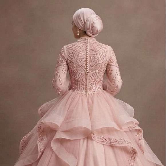Muslim Prom Dress Blush Pink Tulle Long Sleeve Princess Prom