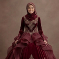 Muslim Prom Dress Burgundy Velvet Long Sleeve Formal Prom