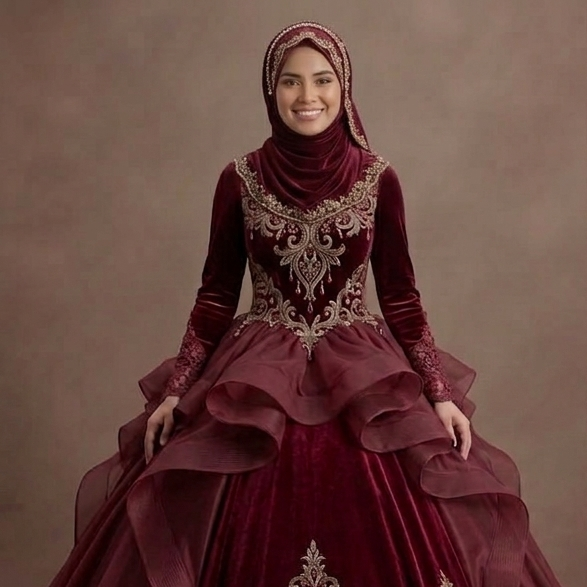 Muslim Prom Dress Burgundy Velvet Long Sleeve Formal Prom