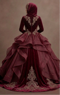 Muslim Prom Dress Burgundy Velvet Long Sleeve Formal Prom