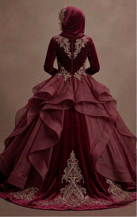 Muslim Prom Dress Burgundy Velvet Long Sleeve Formal Prom