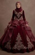 Muslim Prom Dress Burgundy Velvet Long Sleeve Formal Prom