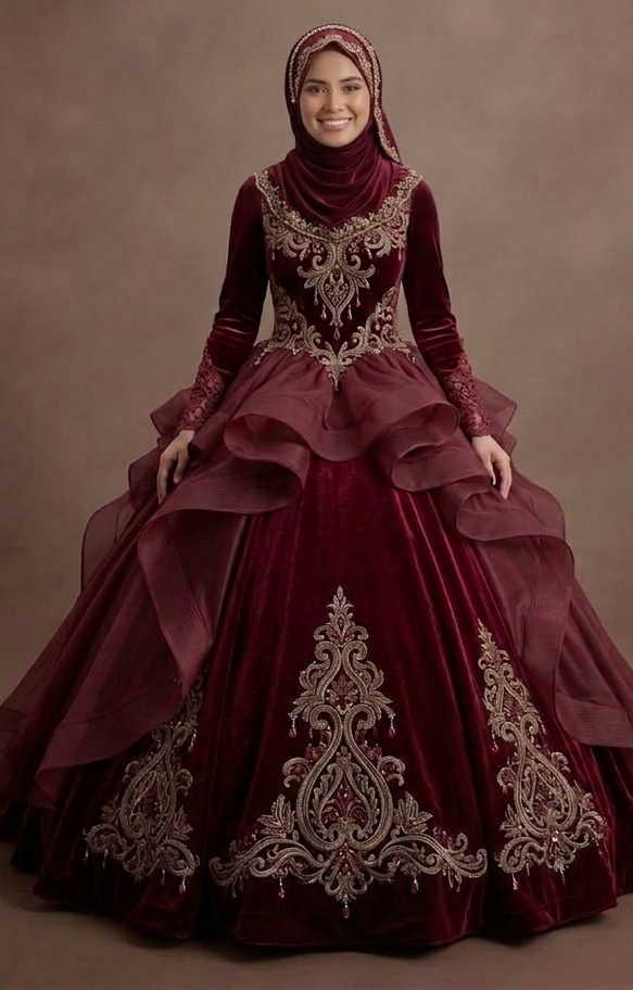 Muslim Prom Dress Burgundy Velvet Long Sleeve Formal Prom