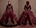 Muslim Prom Dress Burgundy Velvet Long Sleeve Formal Prom