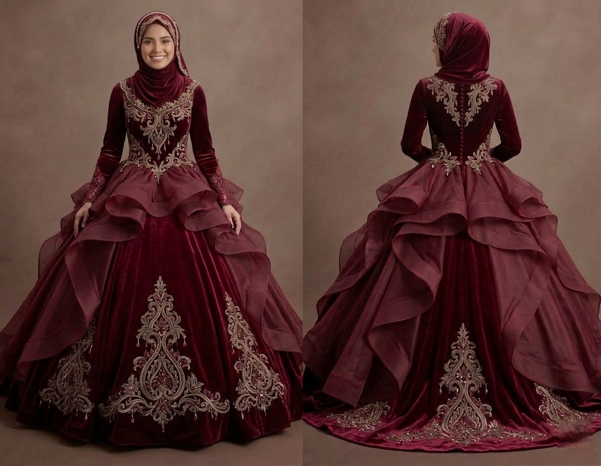 Muslim Prom Dress Burgundy Velvet Long Sleeve Formal Prom