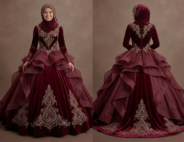 Muslim Prom Dress Burgundy Velvet Long Sleeve Formal Prom