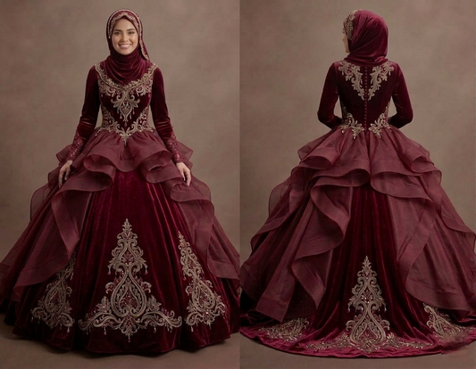 Muslim Prom Dress Burgundy Velvet Long Sleeve Formal Prom