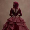Muslim Prom Dress Burgundy Velvet Long Sleeve Formal Prom