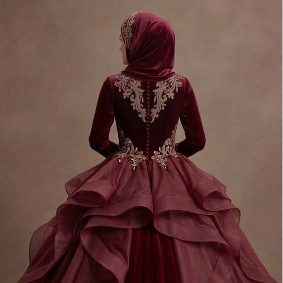 Muslim Prom Dress Burgundy Velvet Long Sleeve Formal Prom