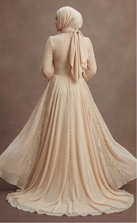 Muslim Prom Dress Champagne Chiffon Flowing Modest Prom