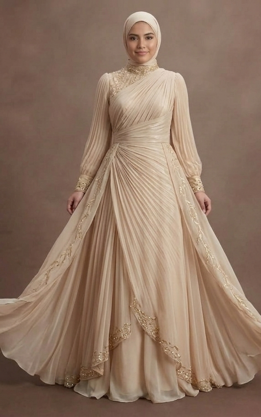 Muslim Prom Dress Champagne Chiffon Flowing Modest Prom