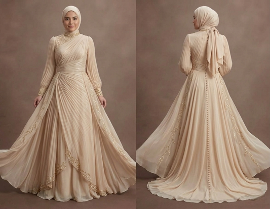 Muslim Prom Dress Champagne Chiffon Flowing Modest Prom