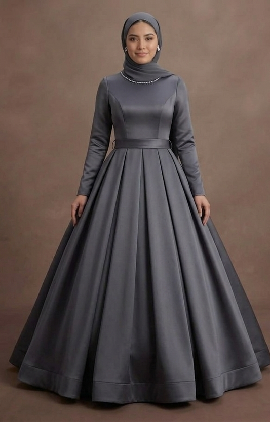 Muslim Prom Dress Charcoal Gray Satin Minimalist Modest Prom