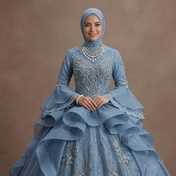 Muslim Prom Dress Dusty Blue Organza High Neck Formal Prom