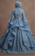 Muslim Prom Dress Dusty Blue Organza High Neck Formal Prom