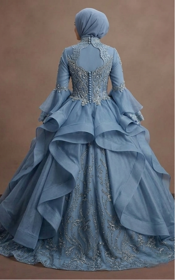 Muslim Prom Dress Dusty Blue Organza High Neck Formal Prom