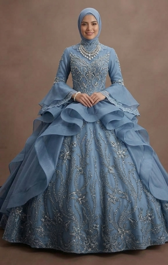 Muslim Prom Dress Dusty Blue Organza High Neck Formal Prom