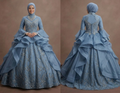 Muslim Prom Dress Dusty Blue Organza High Neck Formal Prom