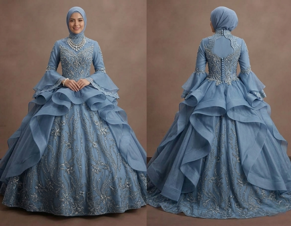 Muslim Prom Dress Dusty Blue Organza High Neck Formal Prom