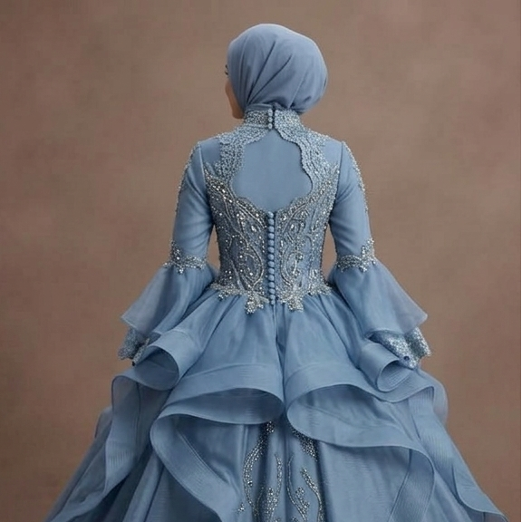Muslim Prom Dress Dusty Blue Organza High Neck Formal Prom