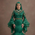 Muslim Prom Dress Emerald Green Satin Long Sleeve Modest Prom