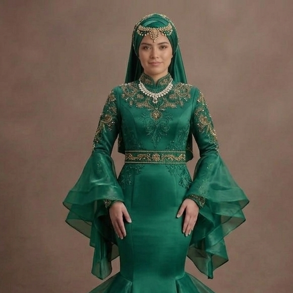 Muslim Prom Dress Emerald Green Satin Long Sleeve Modest Prom