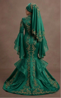 Muslim Prom Dress Emerald Green Satin Long Sleeve Modest Prom
